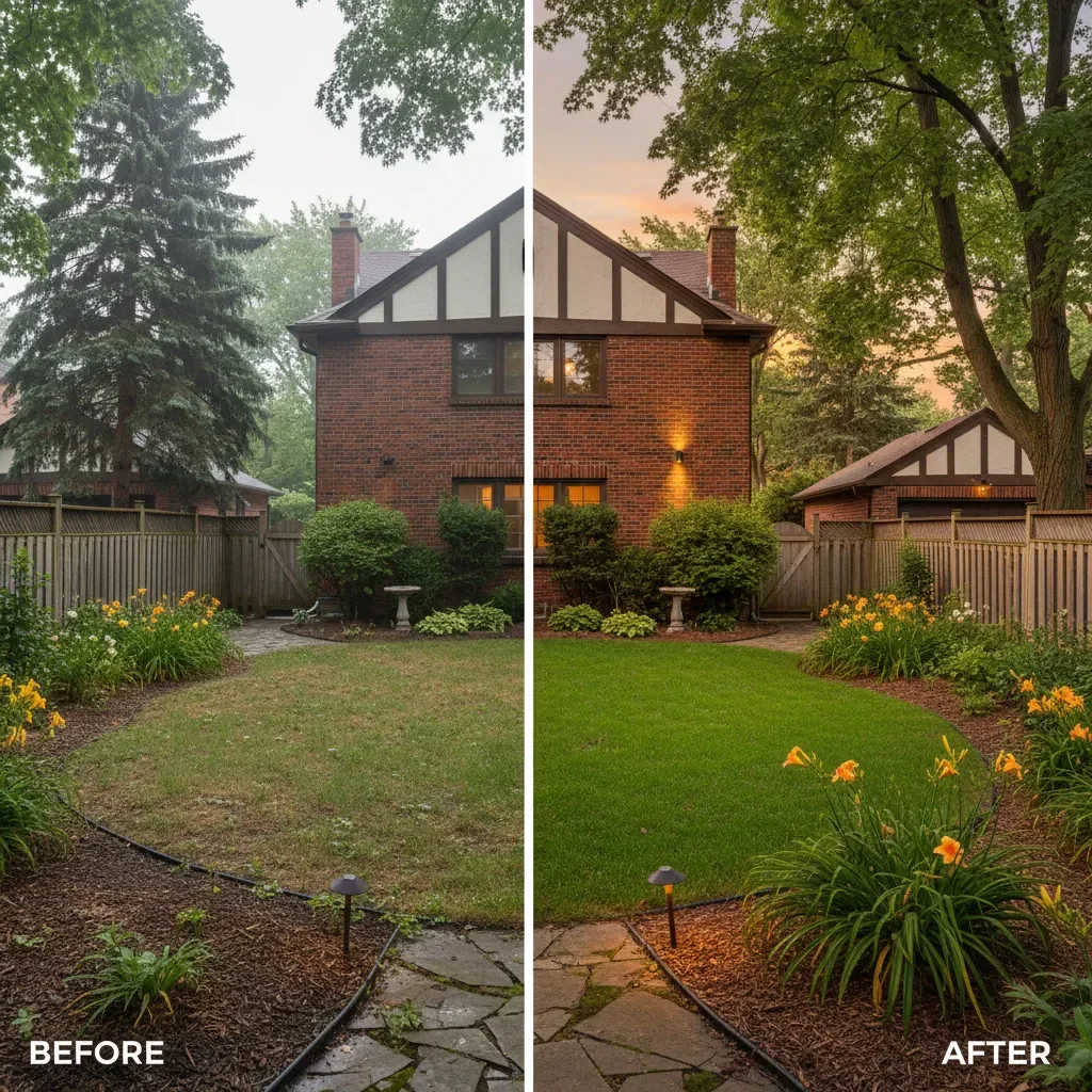 Landscape lighting designer transformation - before and after by Legacy Landscaping Etobicoke in Etobicoke